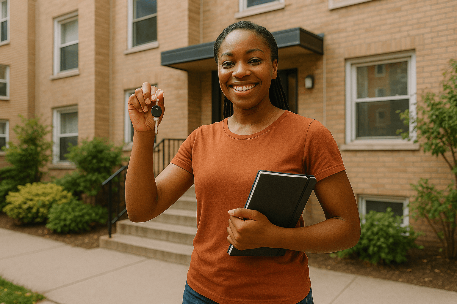 Young adult in front of apartment